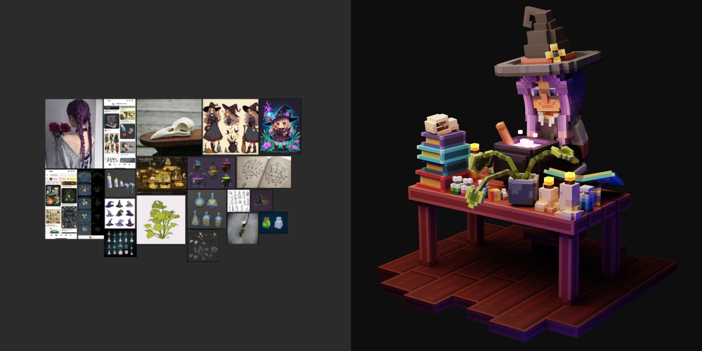 Voxel Little Witch; Alina S. An example from my personal project where I sourced the references myself
